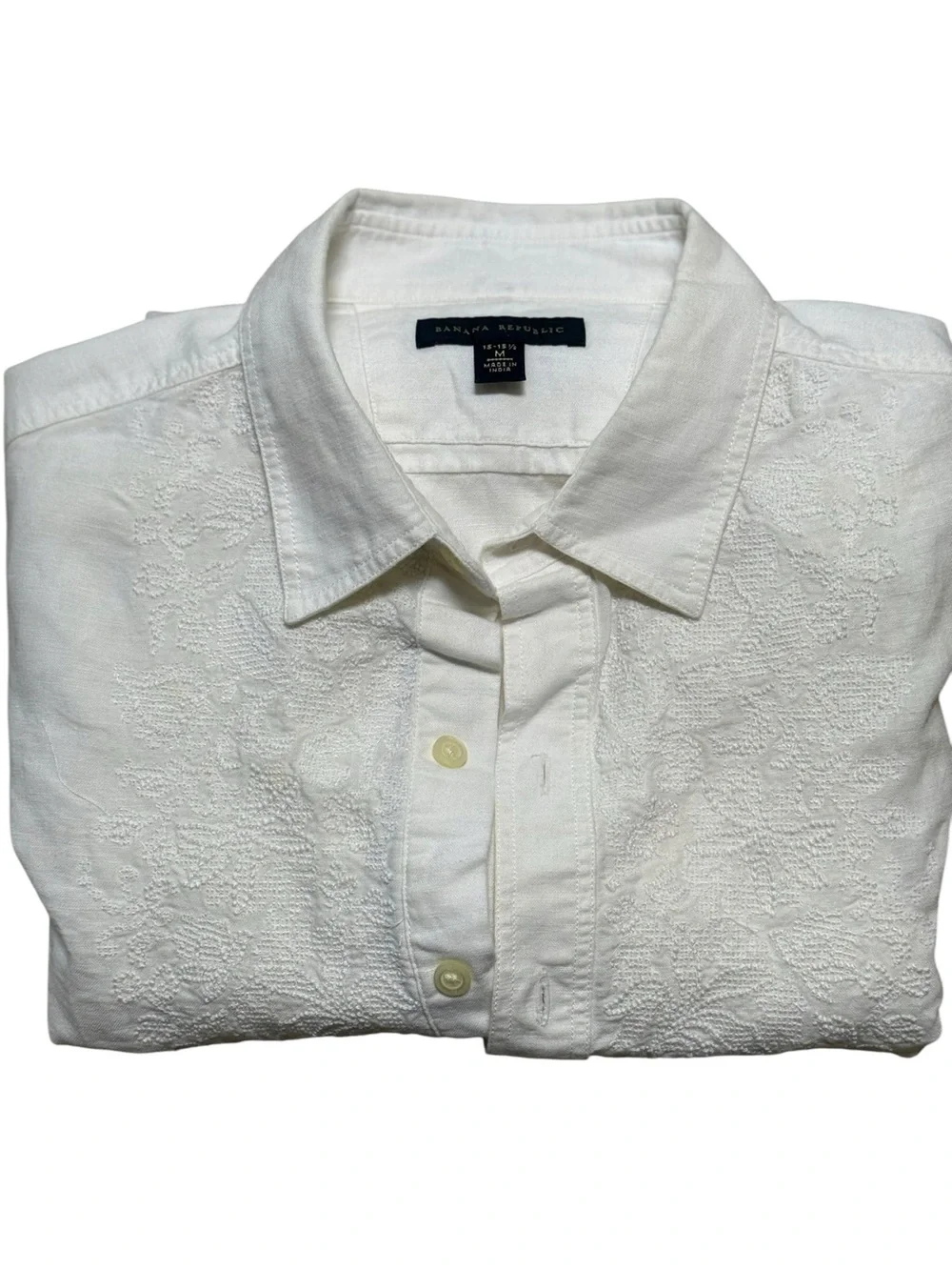 Banana Republic Off-White Embroidered  Linen/Cotton Button-Front Shirt [NWOT]